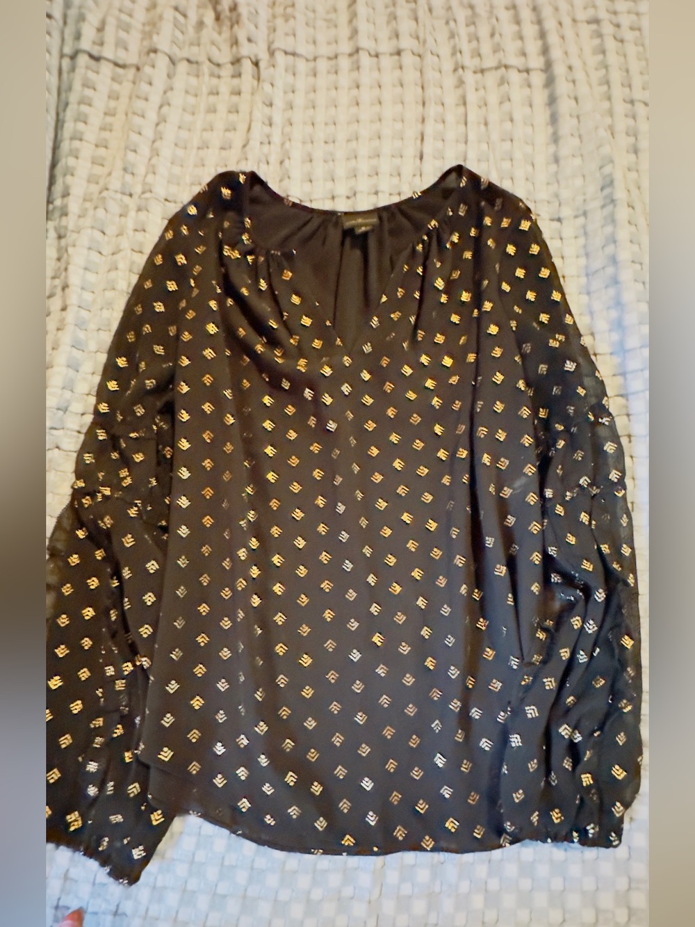 Worthington Ladies Black Blouse with Metallic Gold Motif